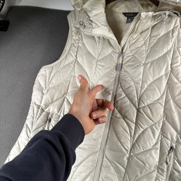 Eddie Bauer Down Puffer Vest Women L Hooded Insulated Down Blend Ivory Winter - Picture 8 of 10